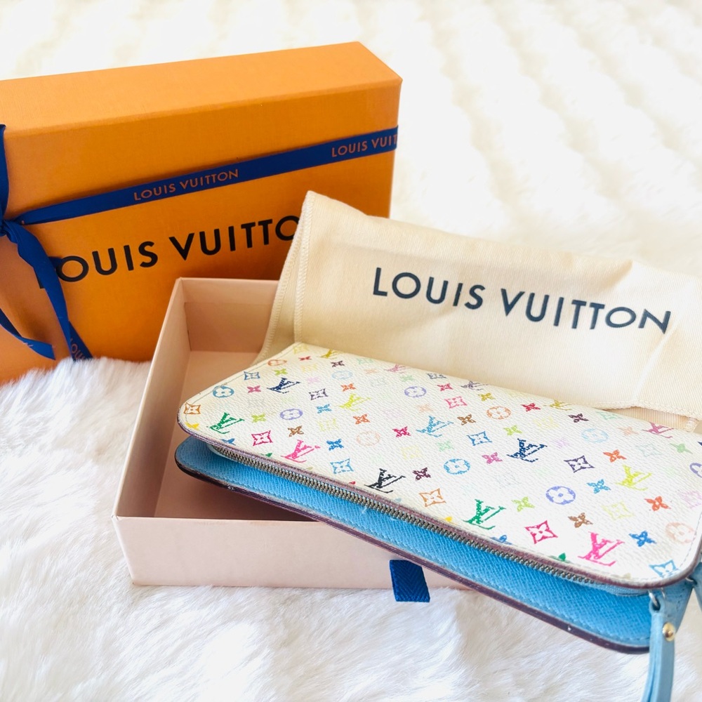 Louis Vuitton White Multicolor Monogram Zipper Wallet with Blue Trim